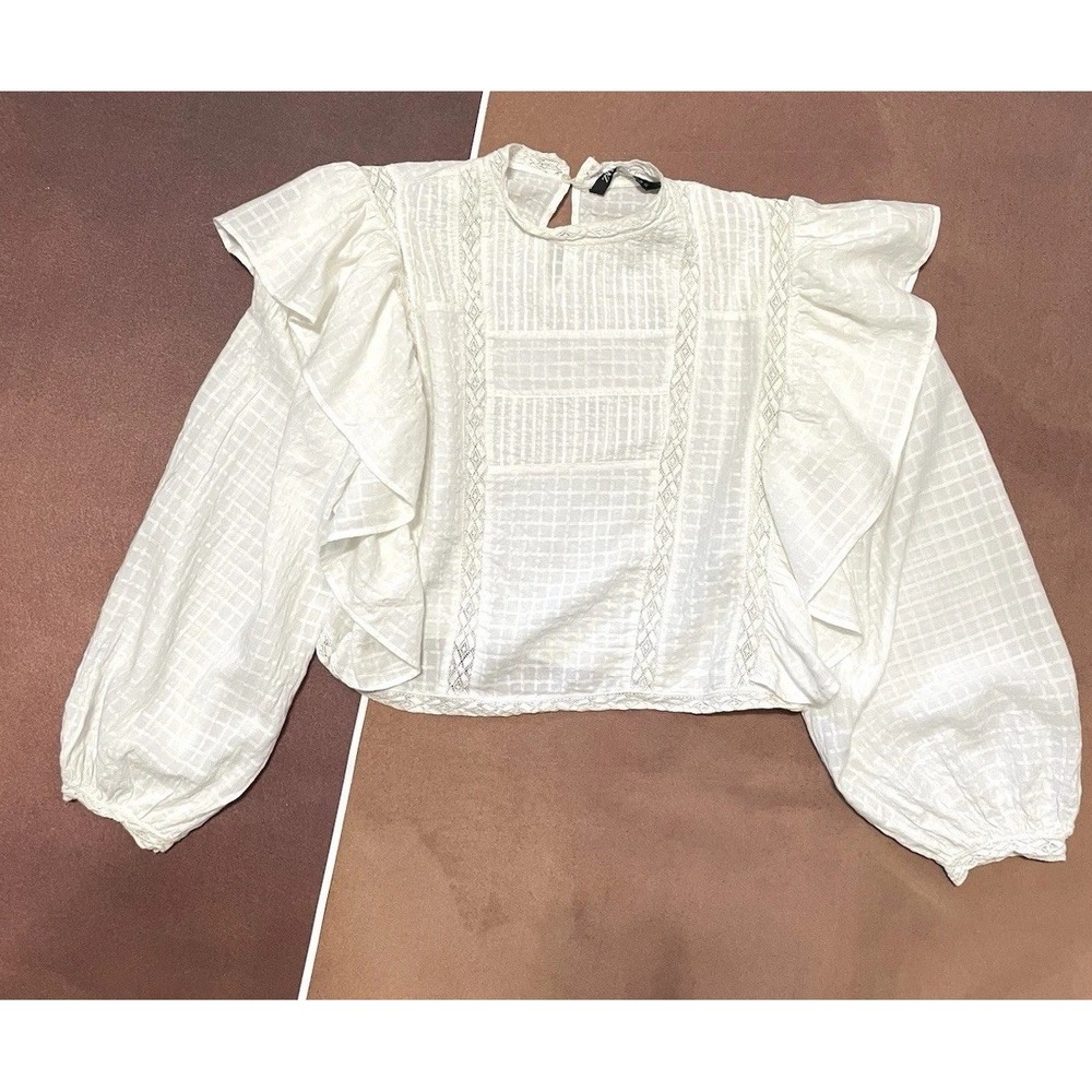 Zara Ruffle Lace Ivory Long Sleeve Blouse Top Romantic‎ Cottagecore Size L